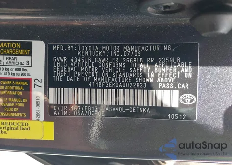 2010 Toyota Camry Le from USA, damaged, VIN 4T1BF3EK0AU022833